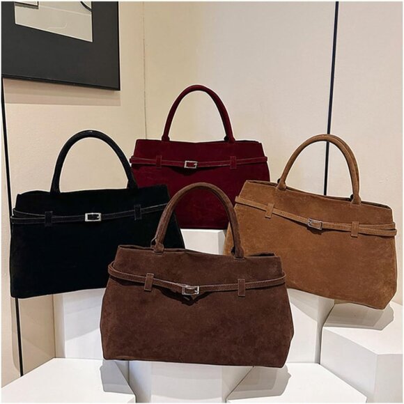 Luxury Faux Suede Tote Bag with Magnetic Closure - Effortless Elegance for Women - Picture 7 of 8